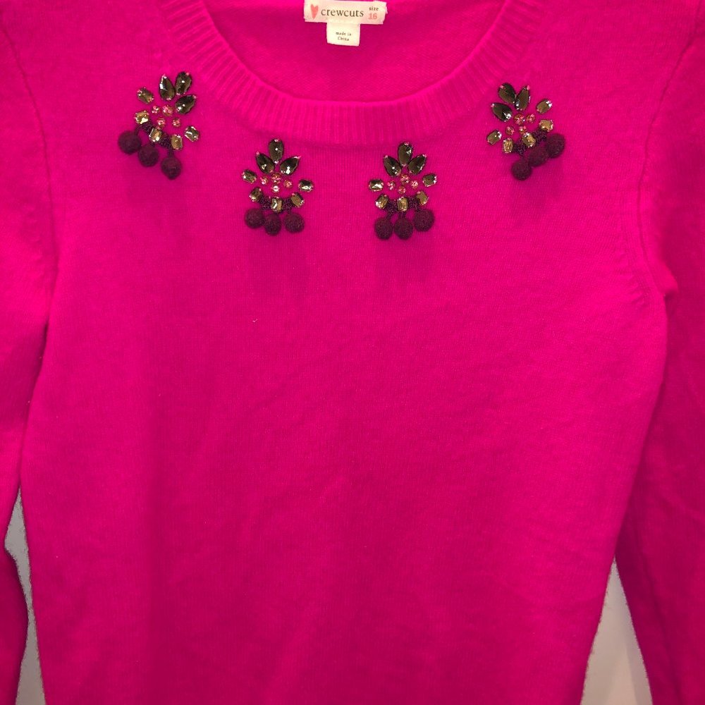 Neon Pink Sweater with Pom-pom & Jewel Design
